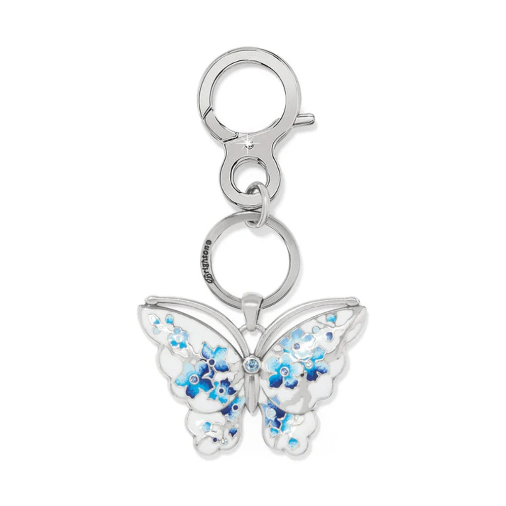 Butterfly-shaped keychain with blue floral design on a white background