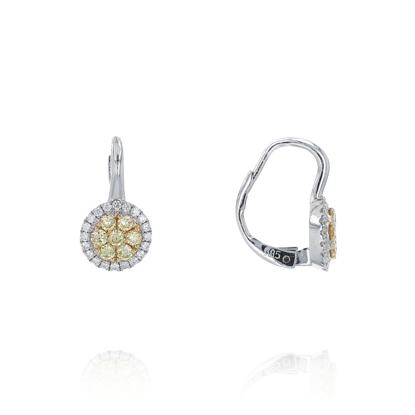 Pair of white gold yellow and white diamond cluster halo earrings on a white background