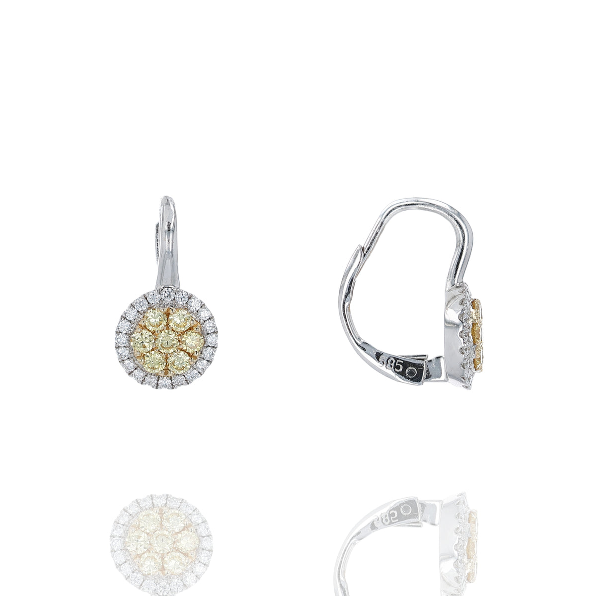 14k White Gold Yellow and White Diamond Cluster Halo Drop Earrings