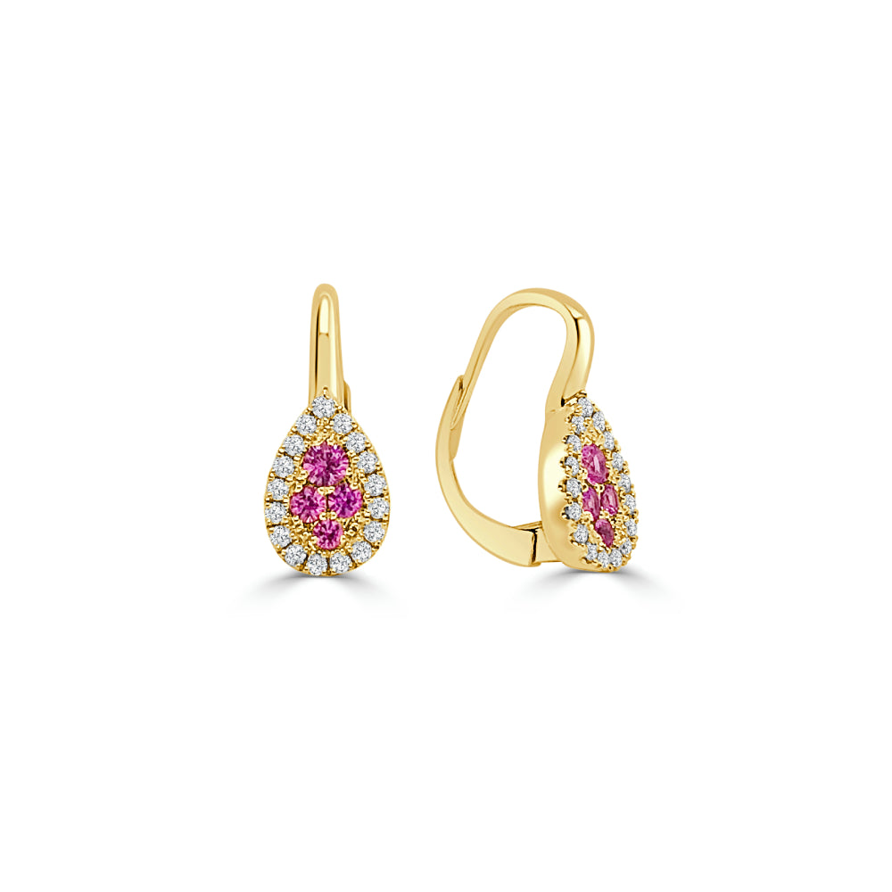 Gold earrings with pink sapphires and diamonds on a white background