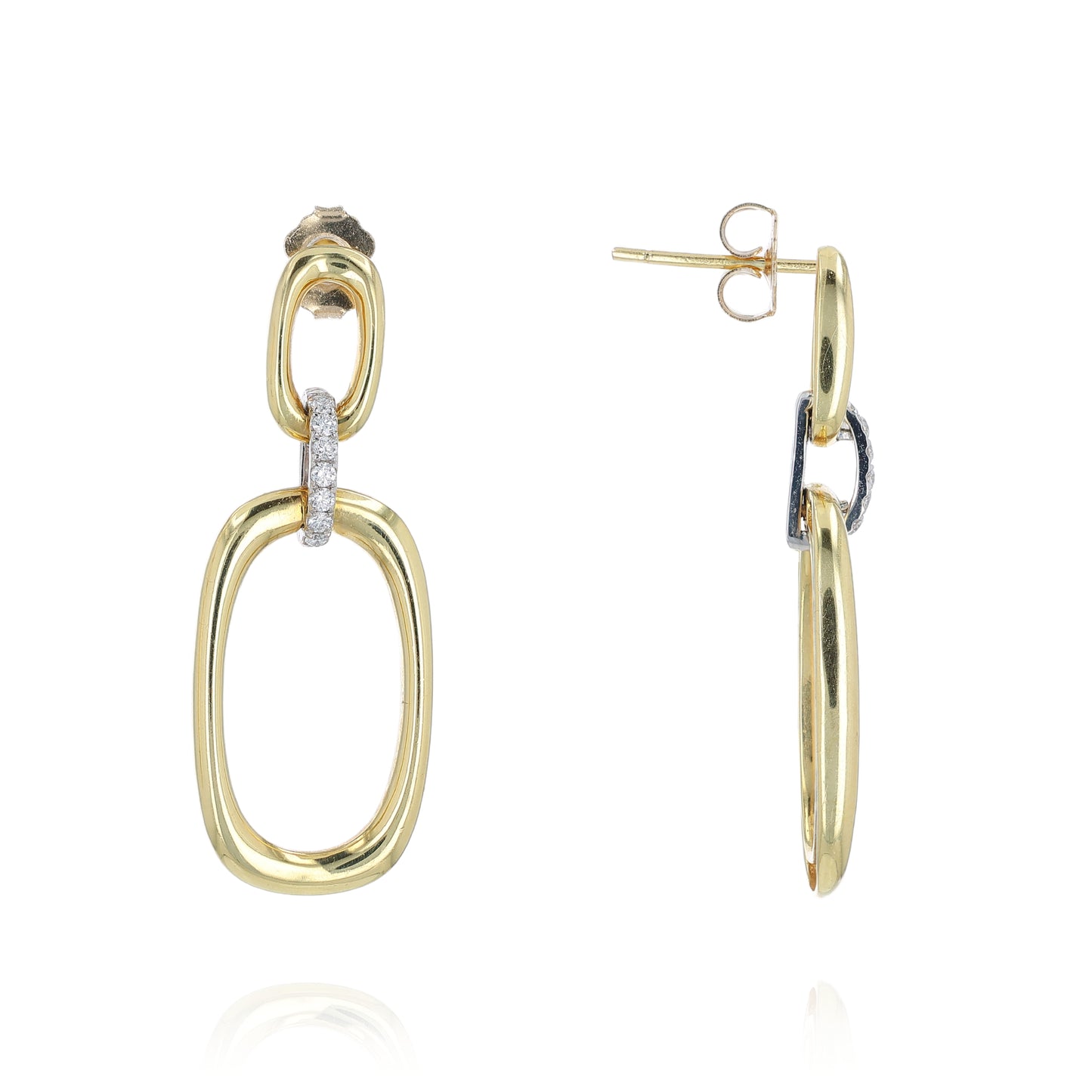 Gold link drop earrings with diamond accents on a white background
