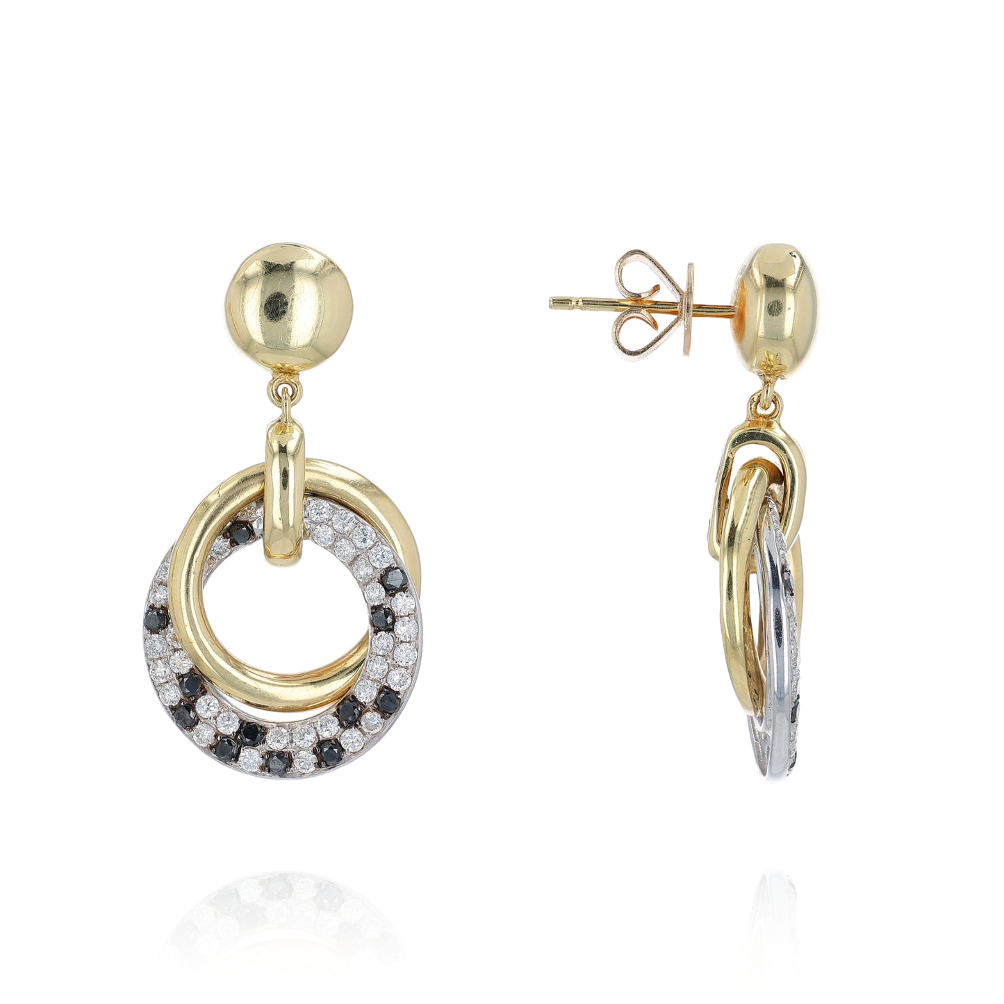Two-tone gold drop earrings with entwined black and white diamond circles on a white background