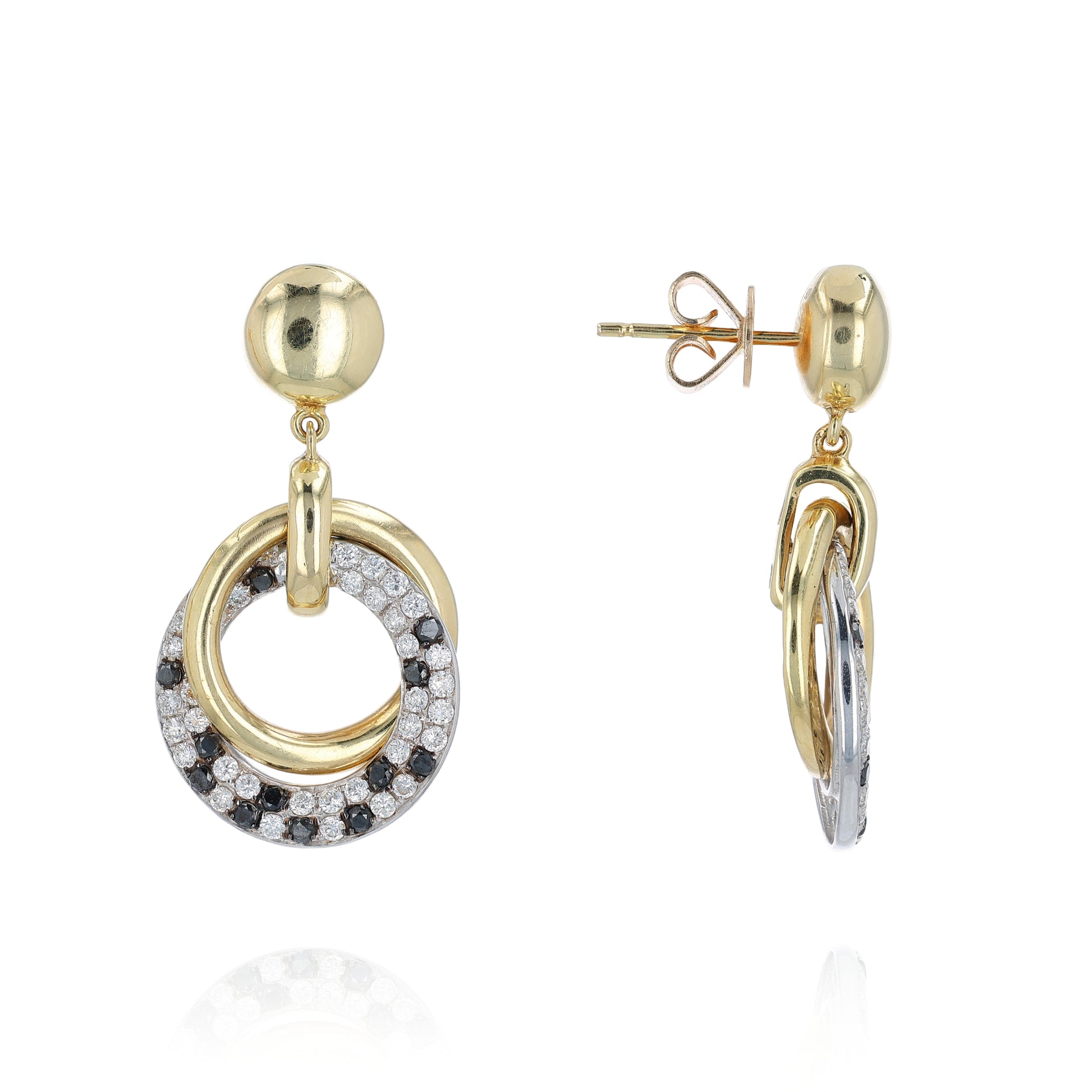 Two-tone gold drop earrings with entwined black and white diamond circles on a white background