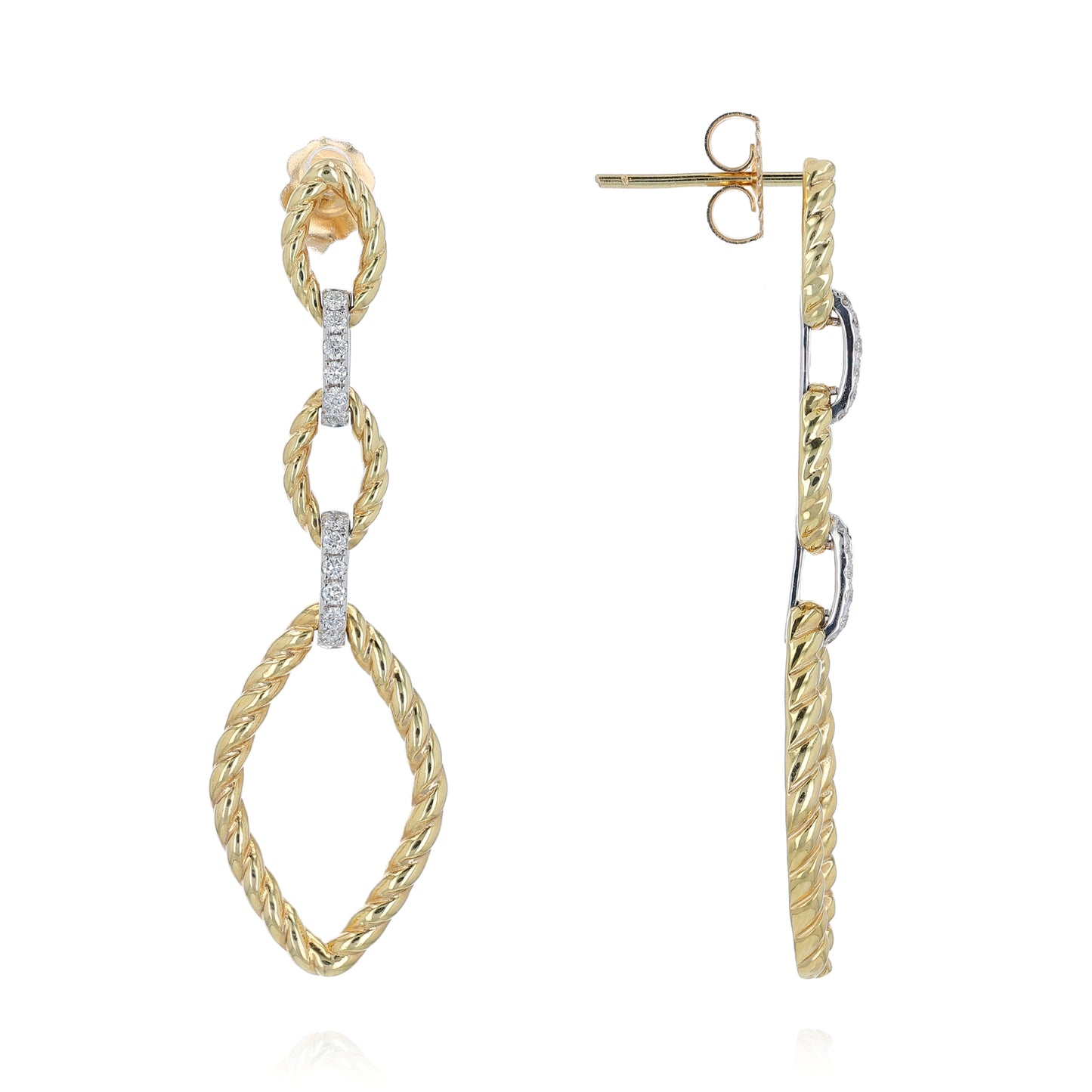 Gold twist link drop earrings with diamond accents on a white background