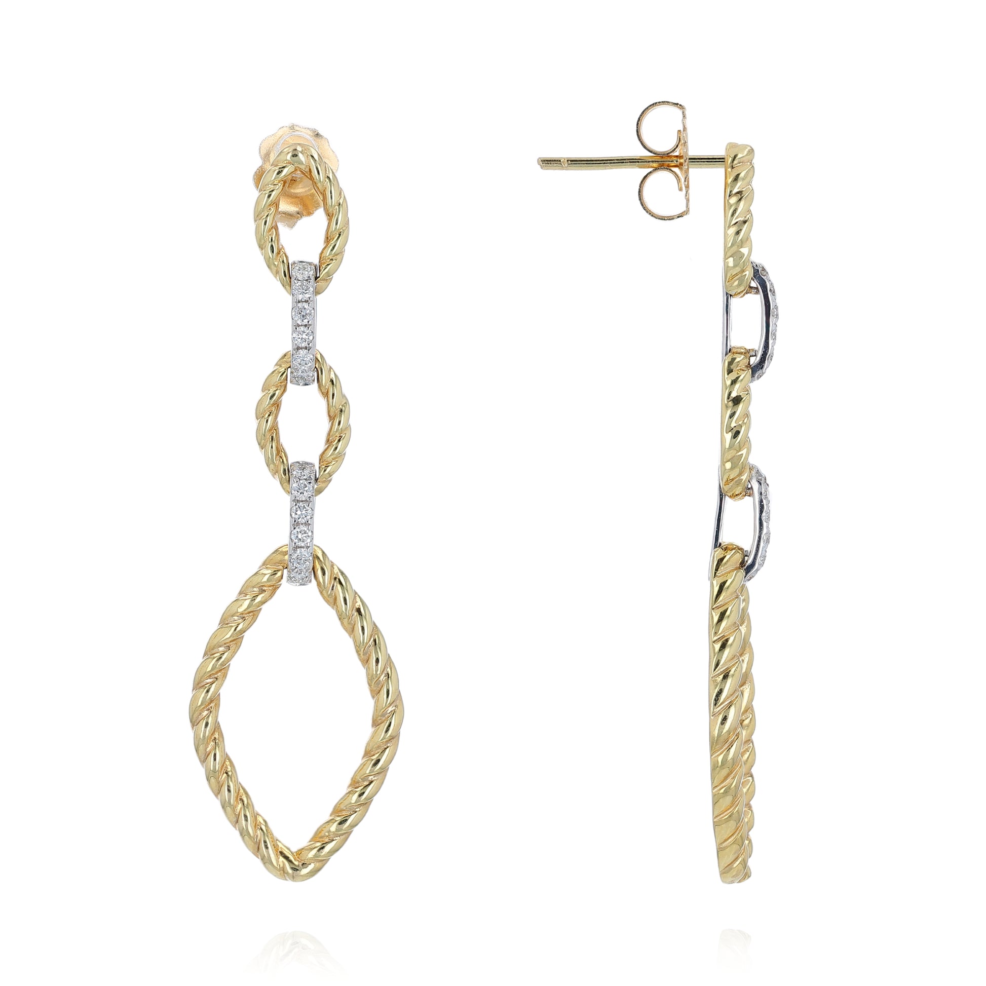 Gold twist link drop earrings with diamond accents on a white background