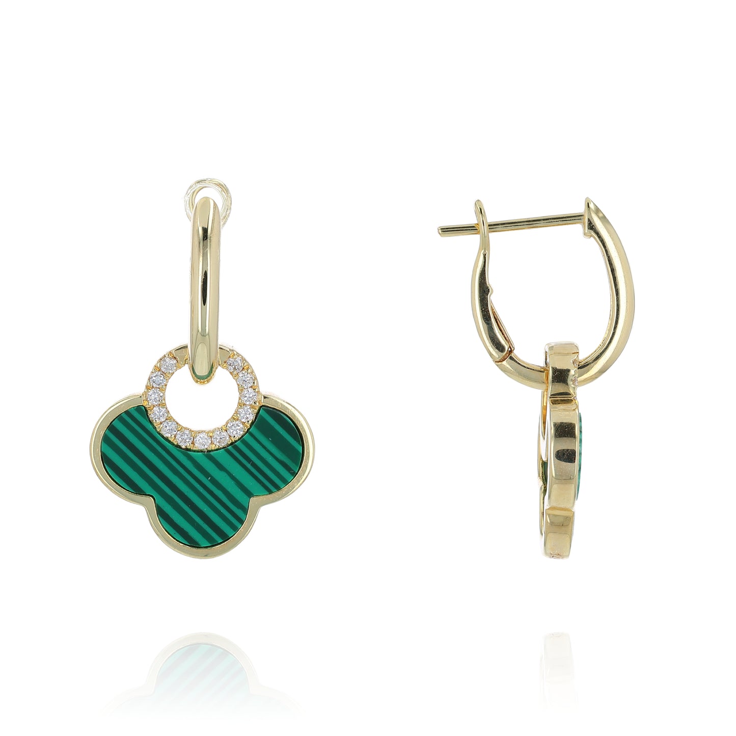 Gold drop earrings with green scallop shaped malachite and diamond accents on a white background