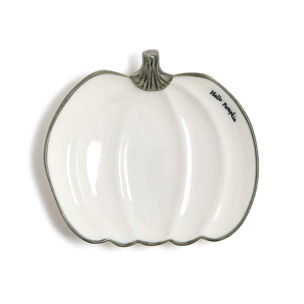 A white ceramic pumpkin-shaped serving dish with a gray-green scalloped rim and stem, featuring the text 'Halo Pumpkins' printed on the side, set against a plain white background.