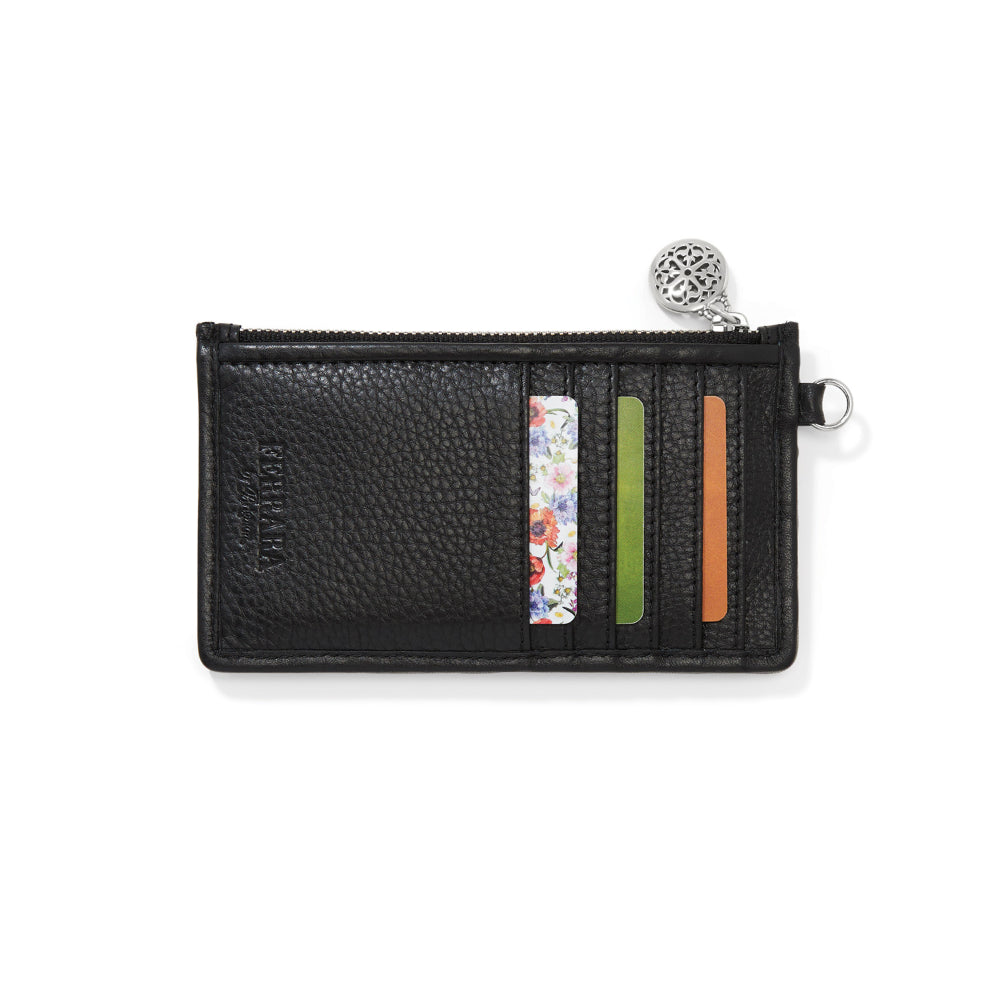 A black textured leather card holder wallet with a zipper, featuring three vertical card slots with colorful floral and solid inserts, a silver metal keychain ring, and the brand name 'BRIGHTON' embossed on the front.