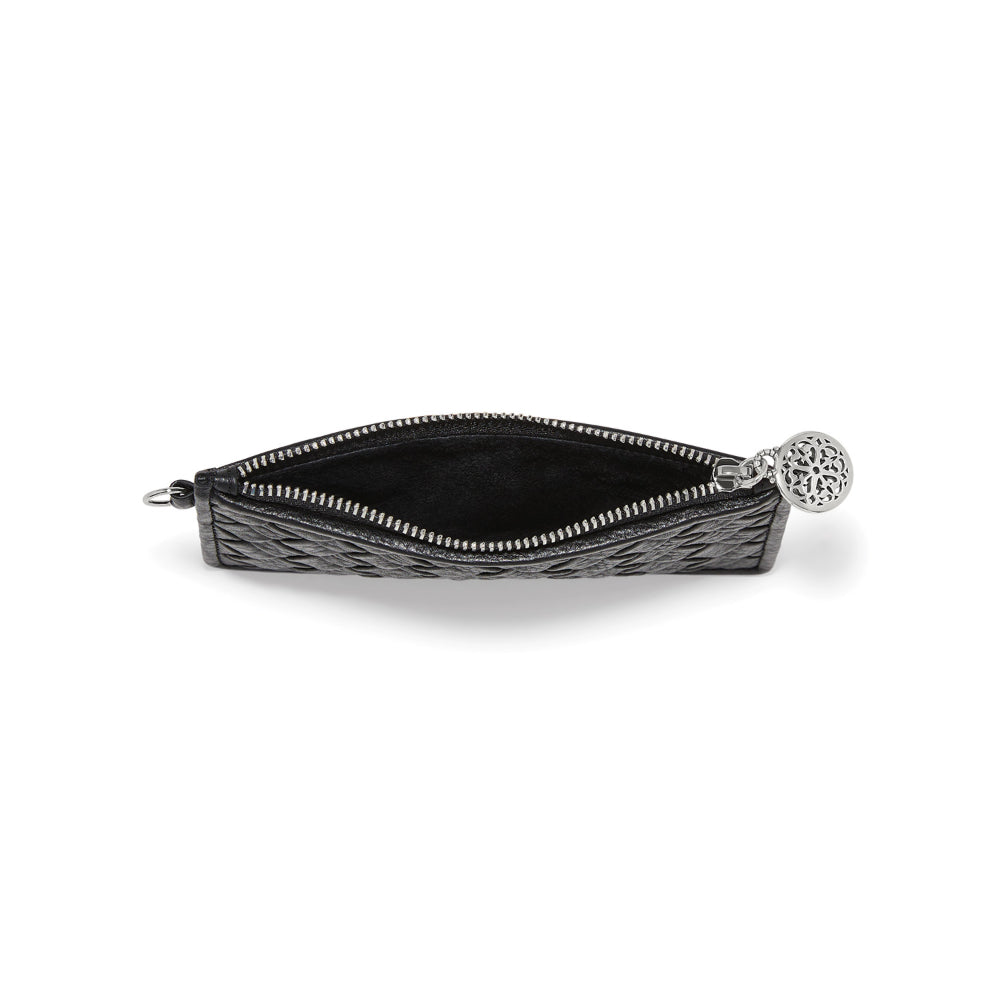 A black textured leather pouch with a silver zipper and a decorative silver ball charm, shown open on a white background.