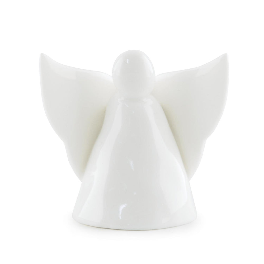 White ceramic decorative angel that can be used as a vase or candle holder on a white background.