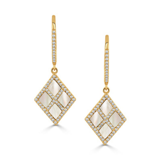 14k Gold Mother of Pearl Drop Earrings with Diamonds