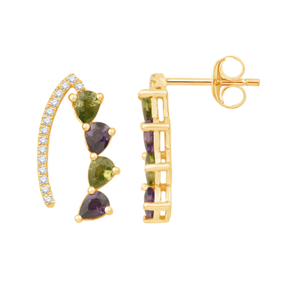 Gold earrings with pear shape peridot and amethysts and round diamonds on a white background