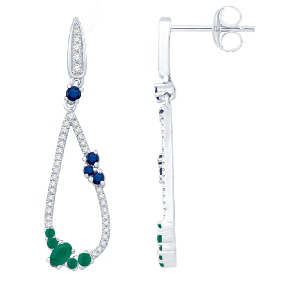 14k Diamond Drop Earrings with Sapphire and Emerald