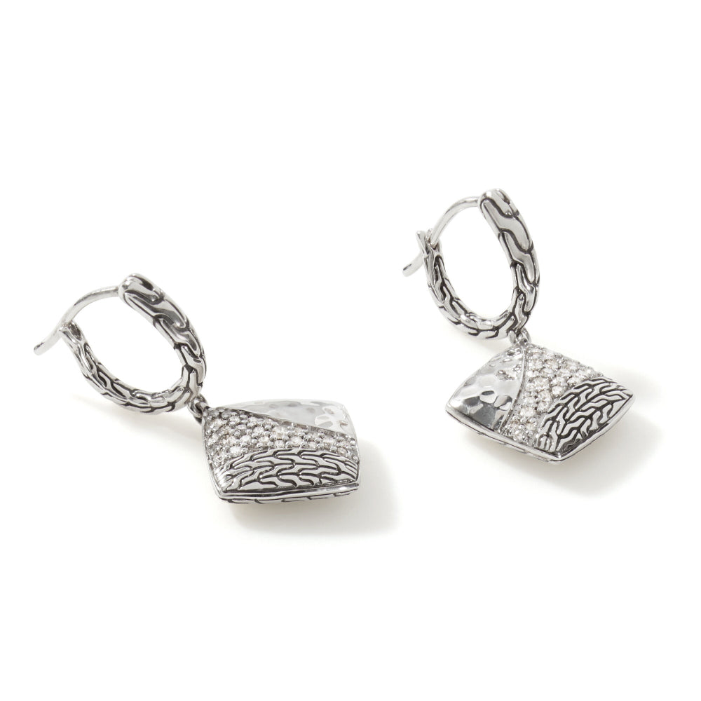 John Hardy Classic Chain Hammered Diamond Square Drop Earrings