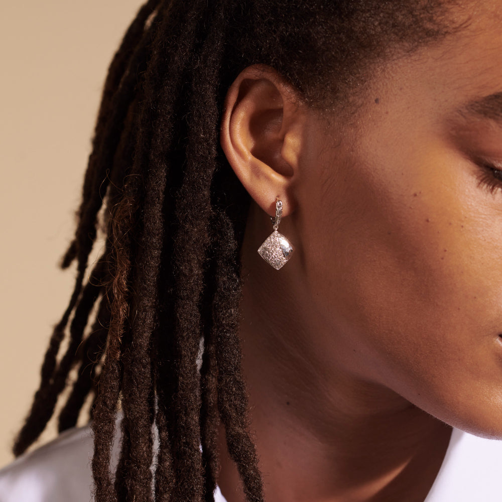 John Hardy Classic Chain Hammered Diamond Square Drop Earrings