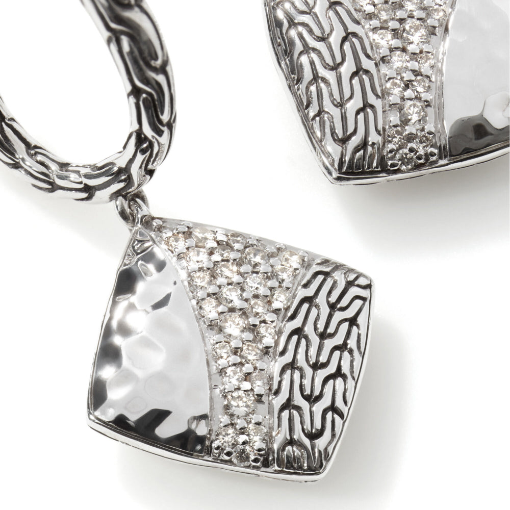 John Hardy Classic Chain Hammered Diamond Square Drop Earrings