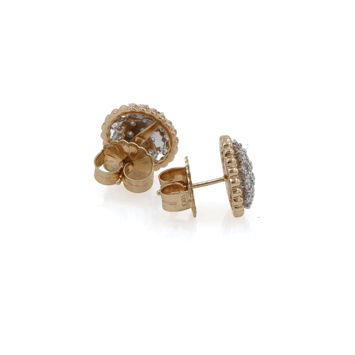 A pair of round gold earrings with pavé-set clear stones, shown on a clean white background. One earring is facing forward to show the stone cluster and scalloped gold border, while the other is turned to show the post and backing.