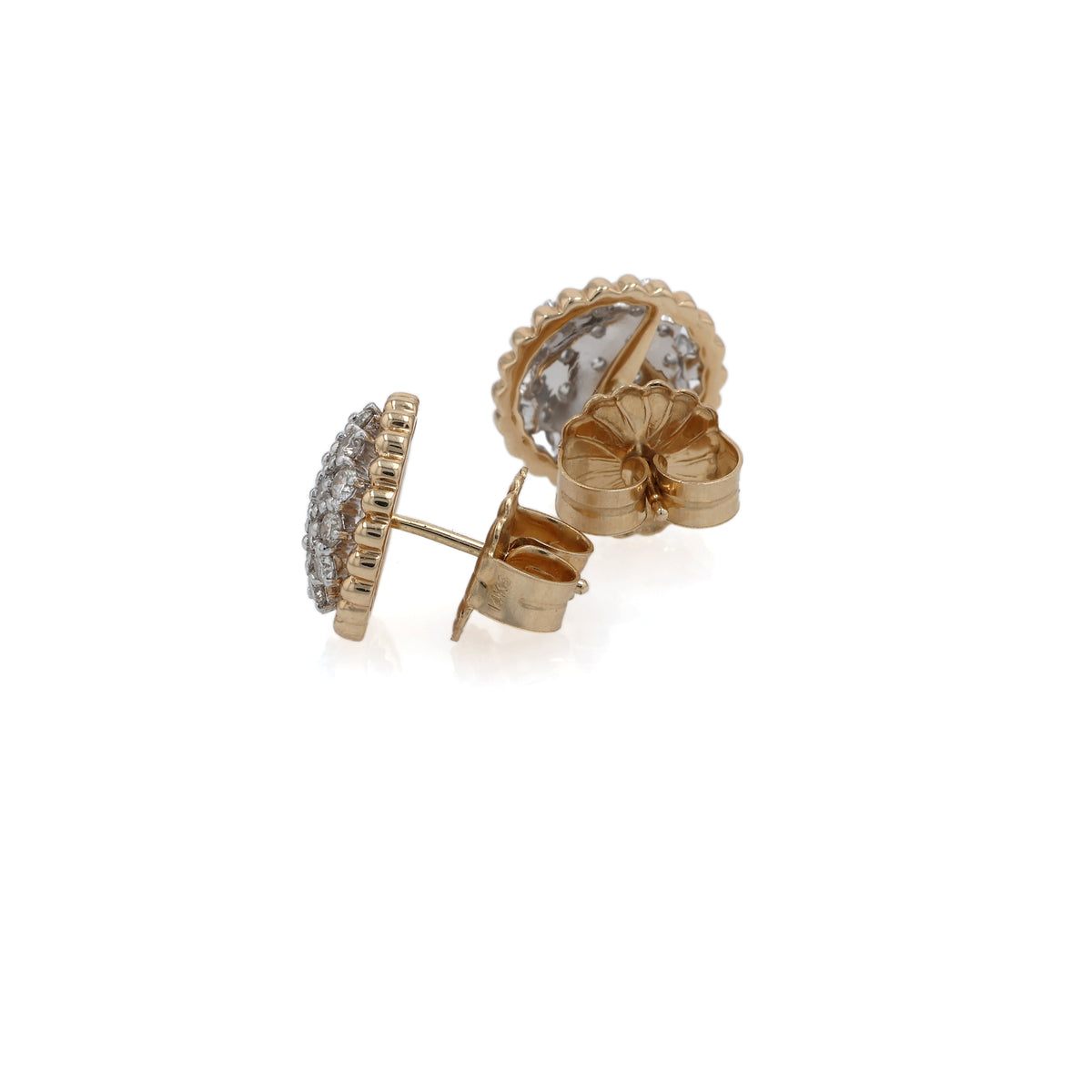 A pair of round gold earrings with pavé-set clear stones, shown on a clean white background. One earring is facing forward to show the stone cluster and scalloped gold border, while the other is turned to show the post and backing.