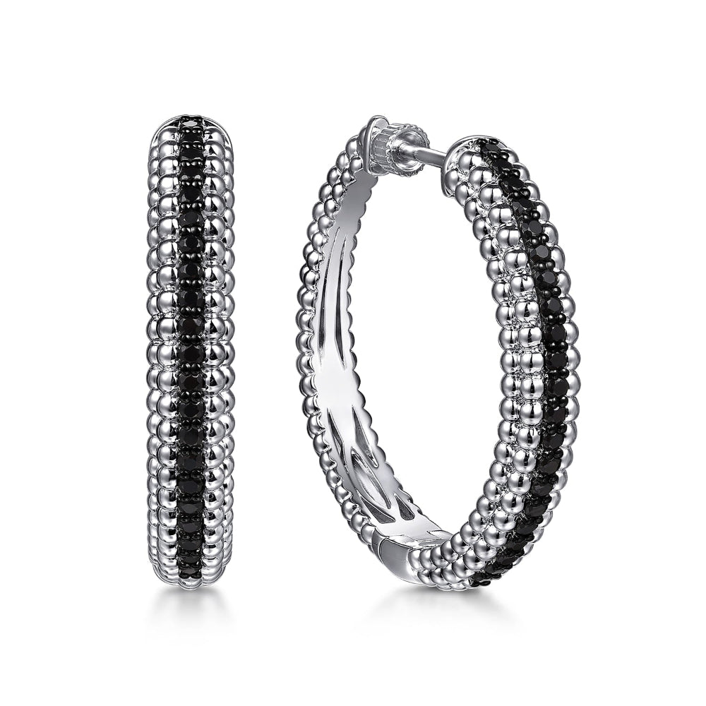 Silver hoop earrings with Black Spinel gemstone 