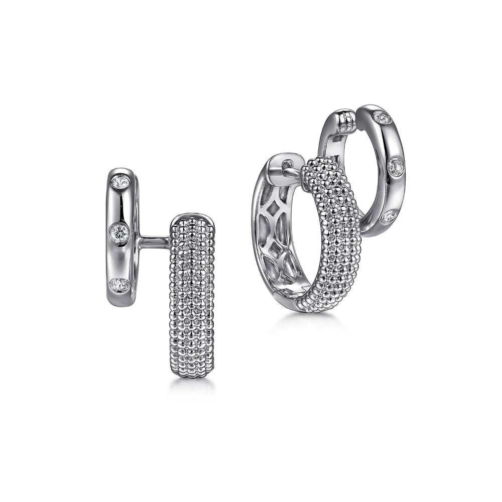 Pair of Sterling silver and White Sapphire Stud Huggie style hoop earrings