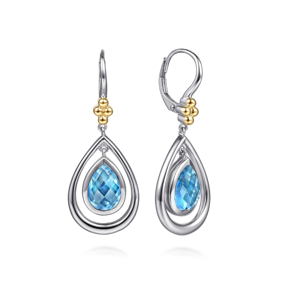 Teardrop-shaped drop earrings with blue topaz and gold accents 