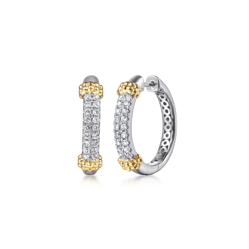 Pair of silver and gold hoop earrings with white sapphires 