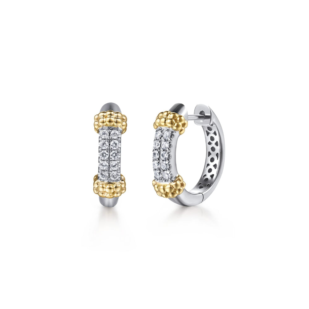 Silver and gold15mm huggie earrings with white sapphires 