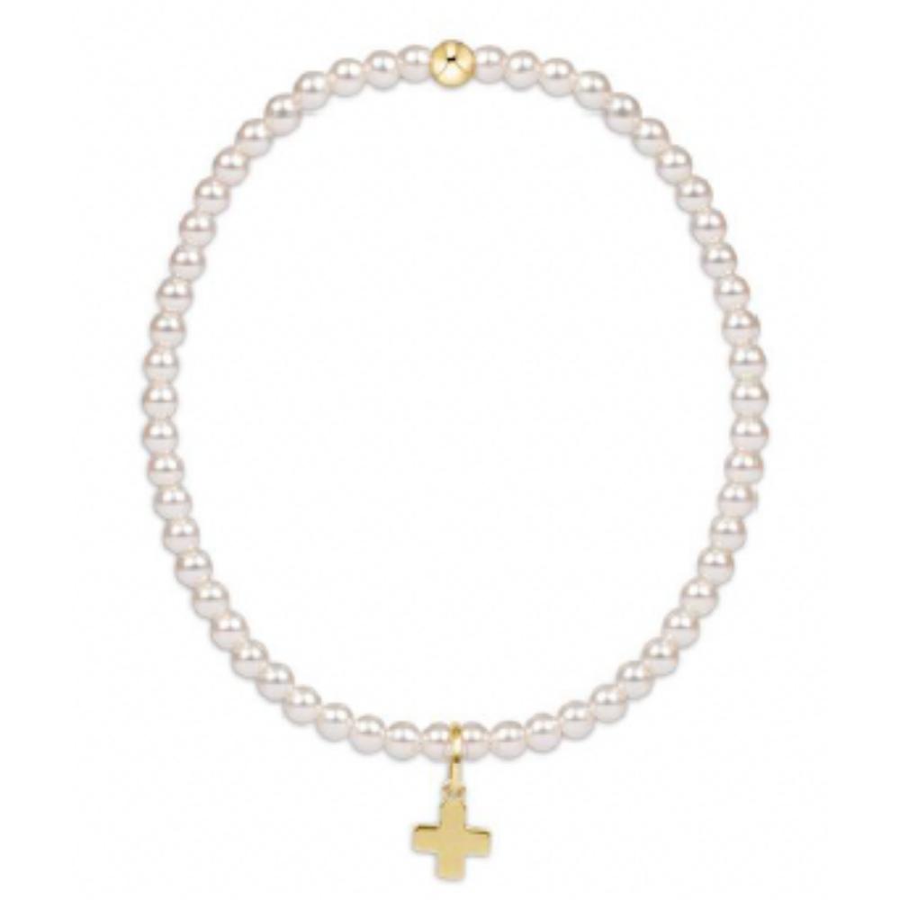enewton 5.5" egirl Classic Pearl 3mm Bead Bracelet - Signature Cross Gold Charm