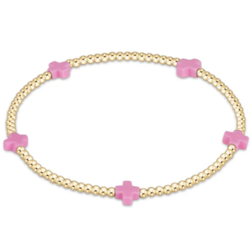 enewton 5.5" egirl Signature Cross Small Gold Pattern 2mm Bead Bracelet - Bright Pink