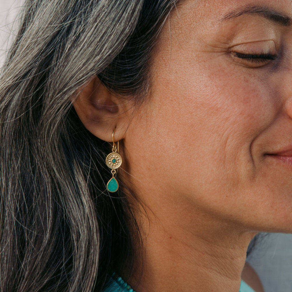 Anna Beck Pave Disc Turquoise and Amazonite Drop Earrings