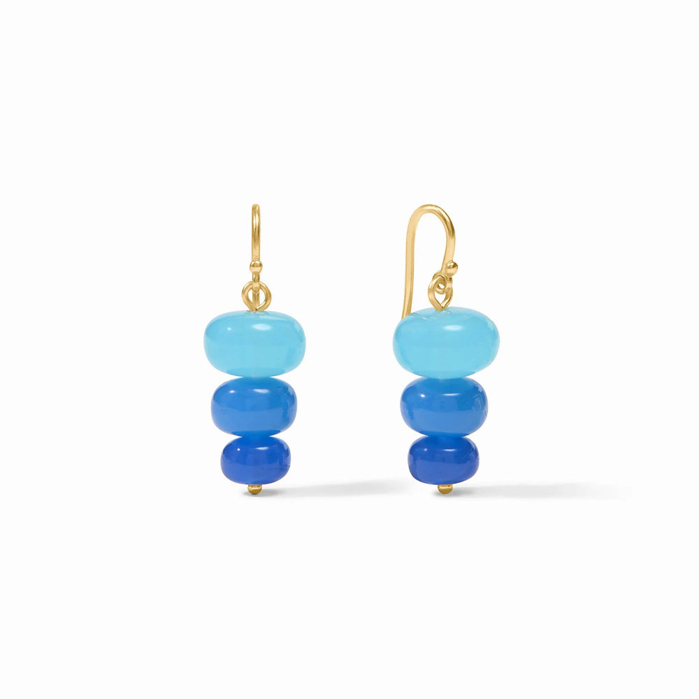 Pair of blue beaded earrings with gold hooks on a white background