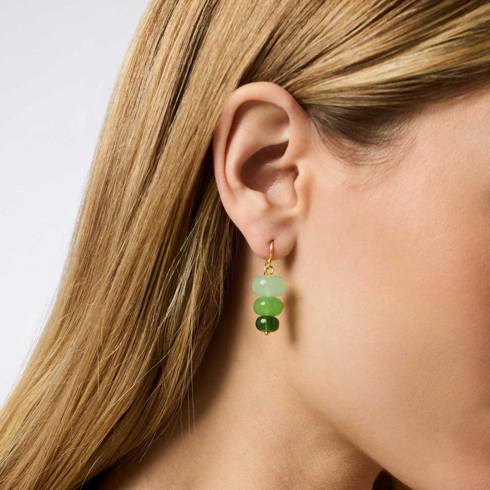 Close-up of a woman's ear wearing green beaded earrings with a plain background