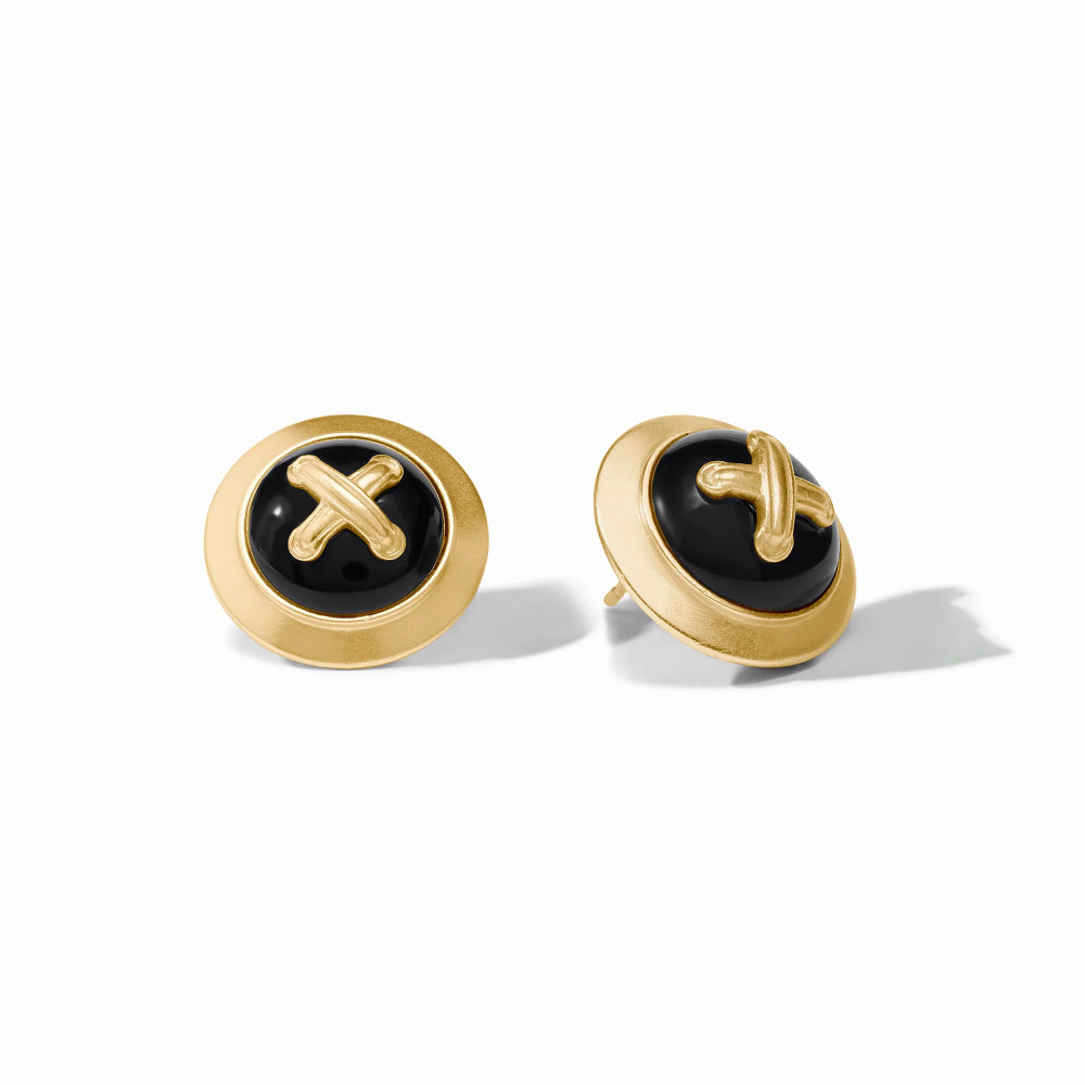 A pair of gold and black stud earrings with a circular gold frame, a glossy black center, and a raised gold cross detail, shown on a clean white background.
