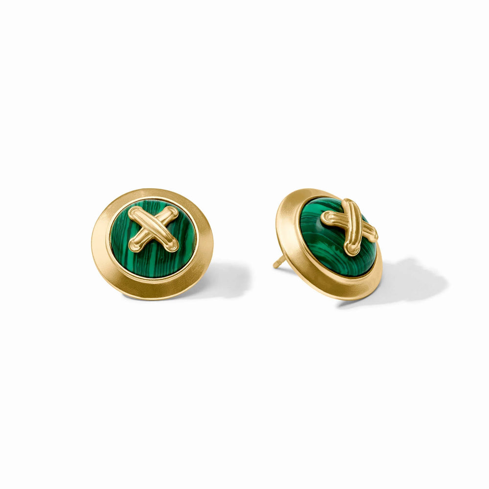 A pair of round gold-tone earrings with a green malachite inlay and a gold 'X' motif, shown on a clean white background.