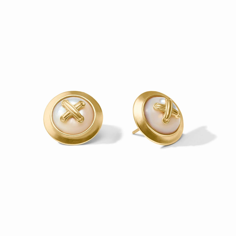 Pair of gold and pearl earrings on a white background