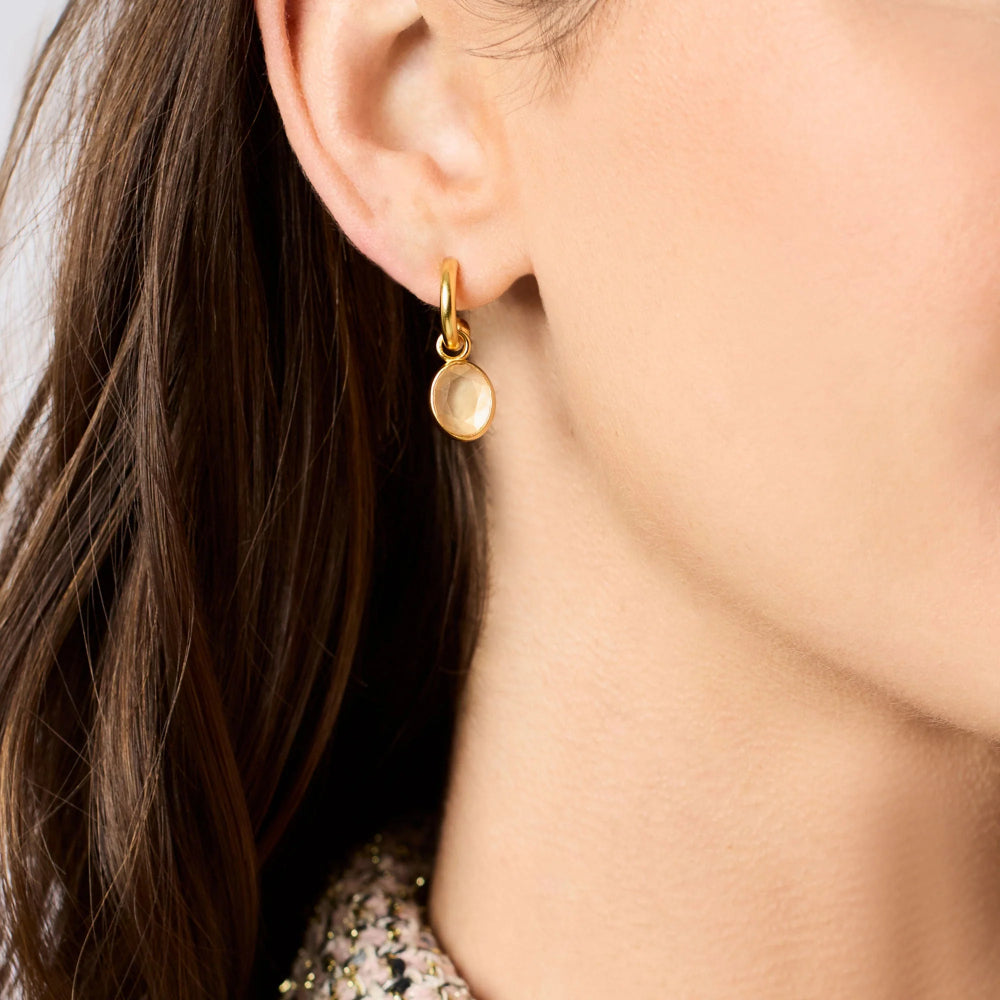 Close-up of a person wearing gold hoop earrings with a neutral background