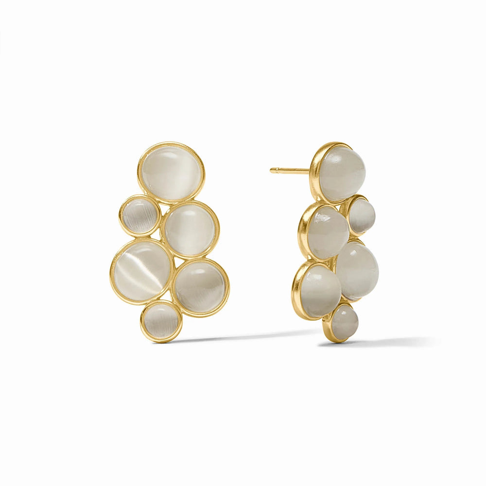 Gold and white circular earrings on a white background