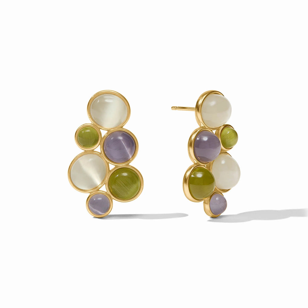 Multicolored circular earrings with gold frame on a white background