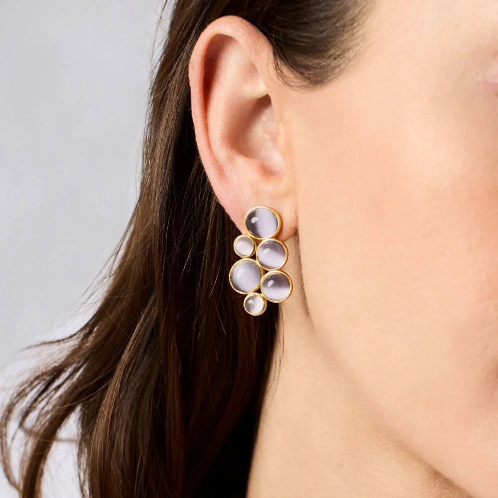 Close-up of an ear wearing a gold earring with round, multicolored stones on a neutral background