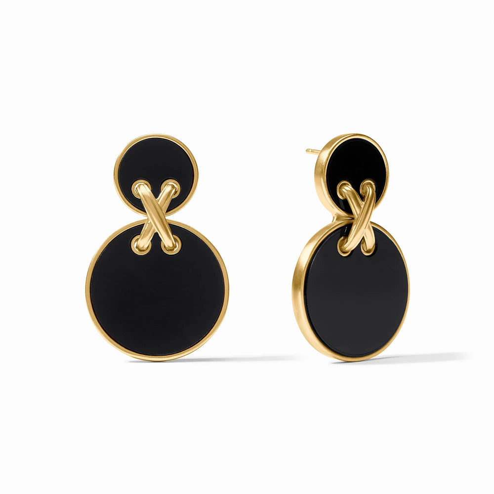 A pair of gold and black drop earrings with a double-circle design and an interlocking crossed gold accent, shown on a clean white background.