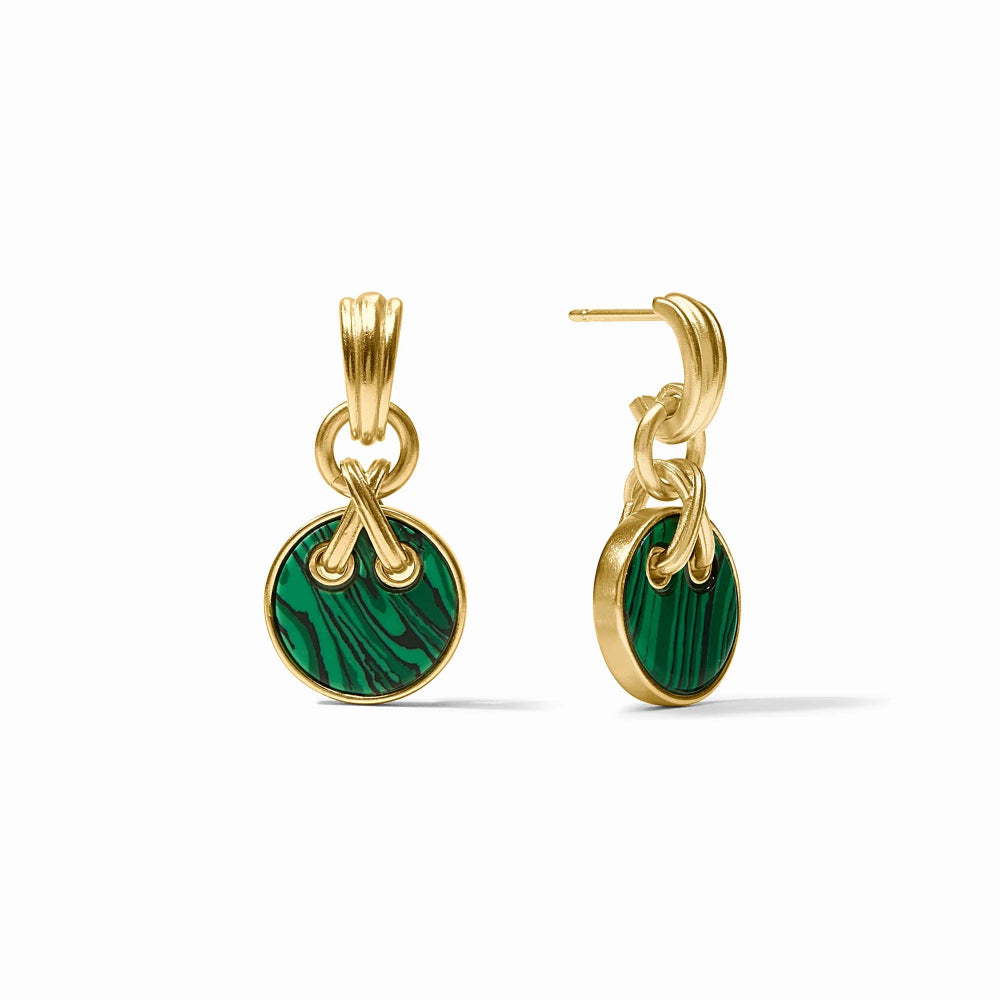 A pair of gold drop earrings featuring round green malachite stone pendants, displayed on a clean white background.