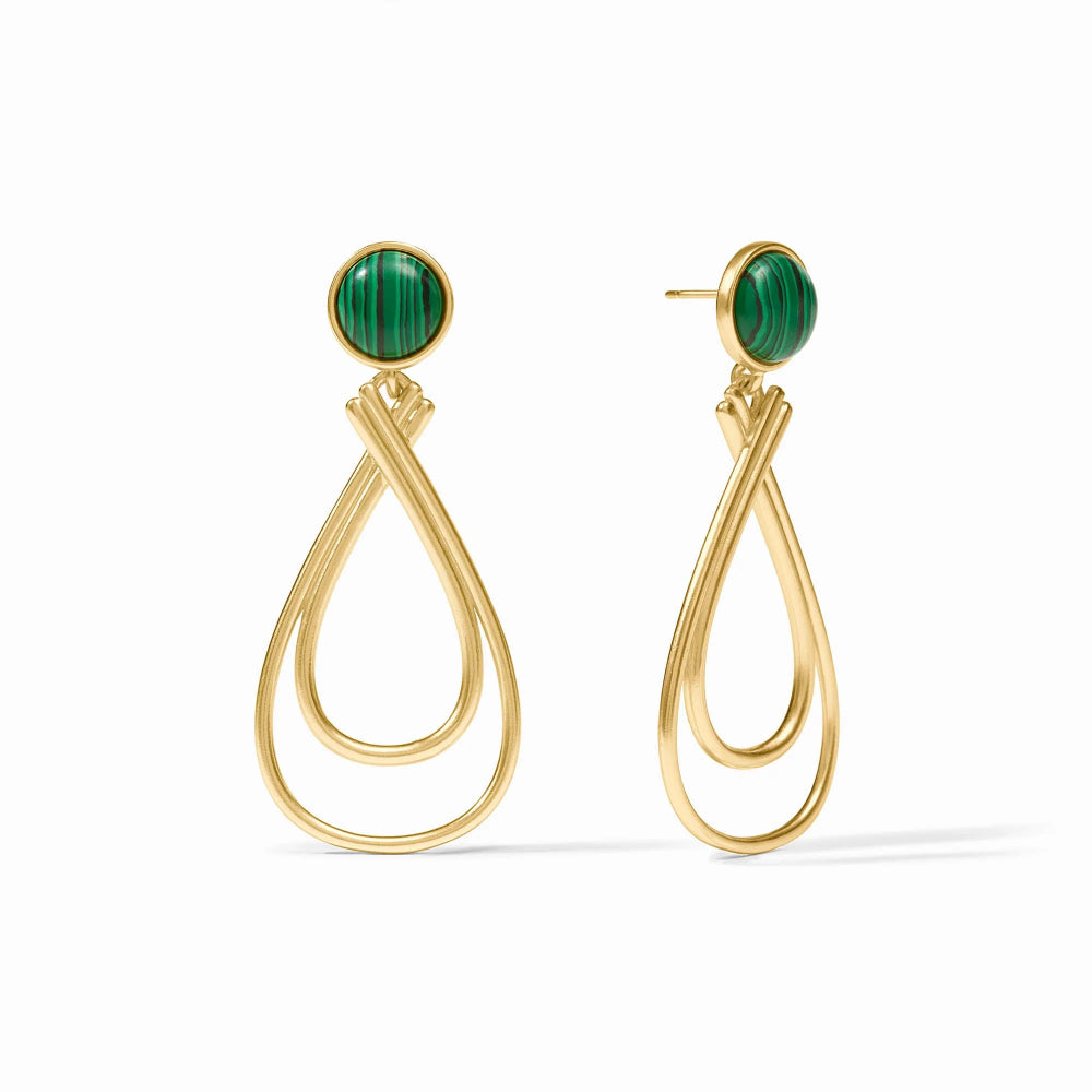 Gold earrings with green gemstones on a white background