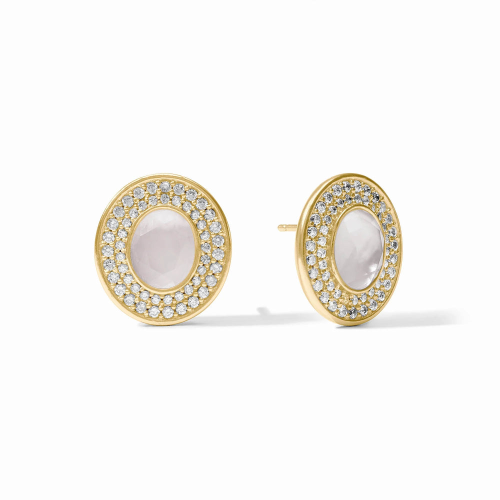 A pair of gold oval stud earrings featuring a central pale pink stone surrounded by a halo of small clear stones, shown on a clean white background.