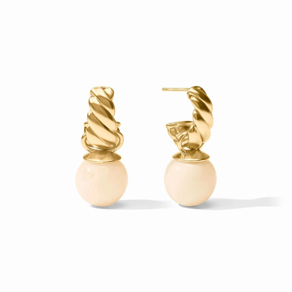 A pair of gold hoop earrings with a twisted spiral design and a round pale pink pearl drop, shown on a clean white background.