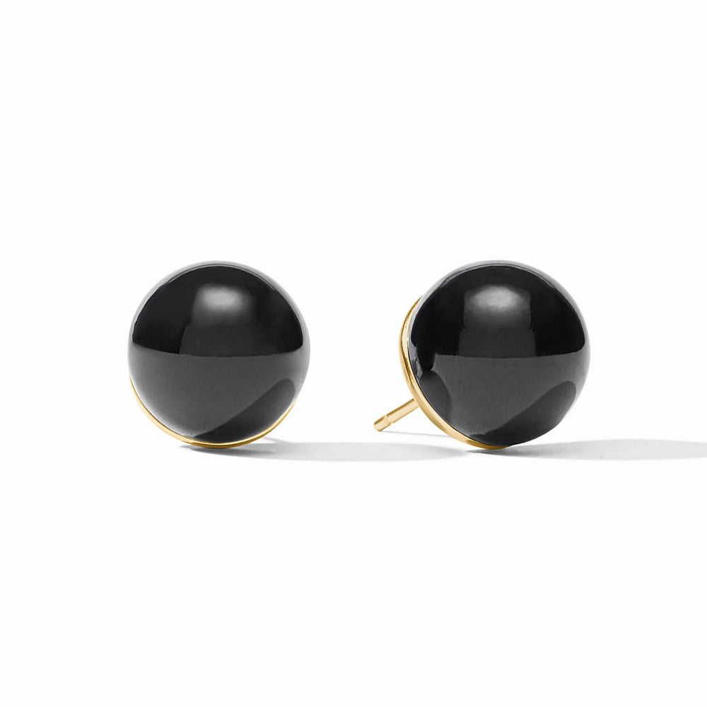 Black sphere earrings with gold accents on a white background
