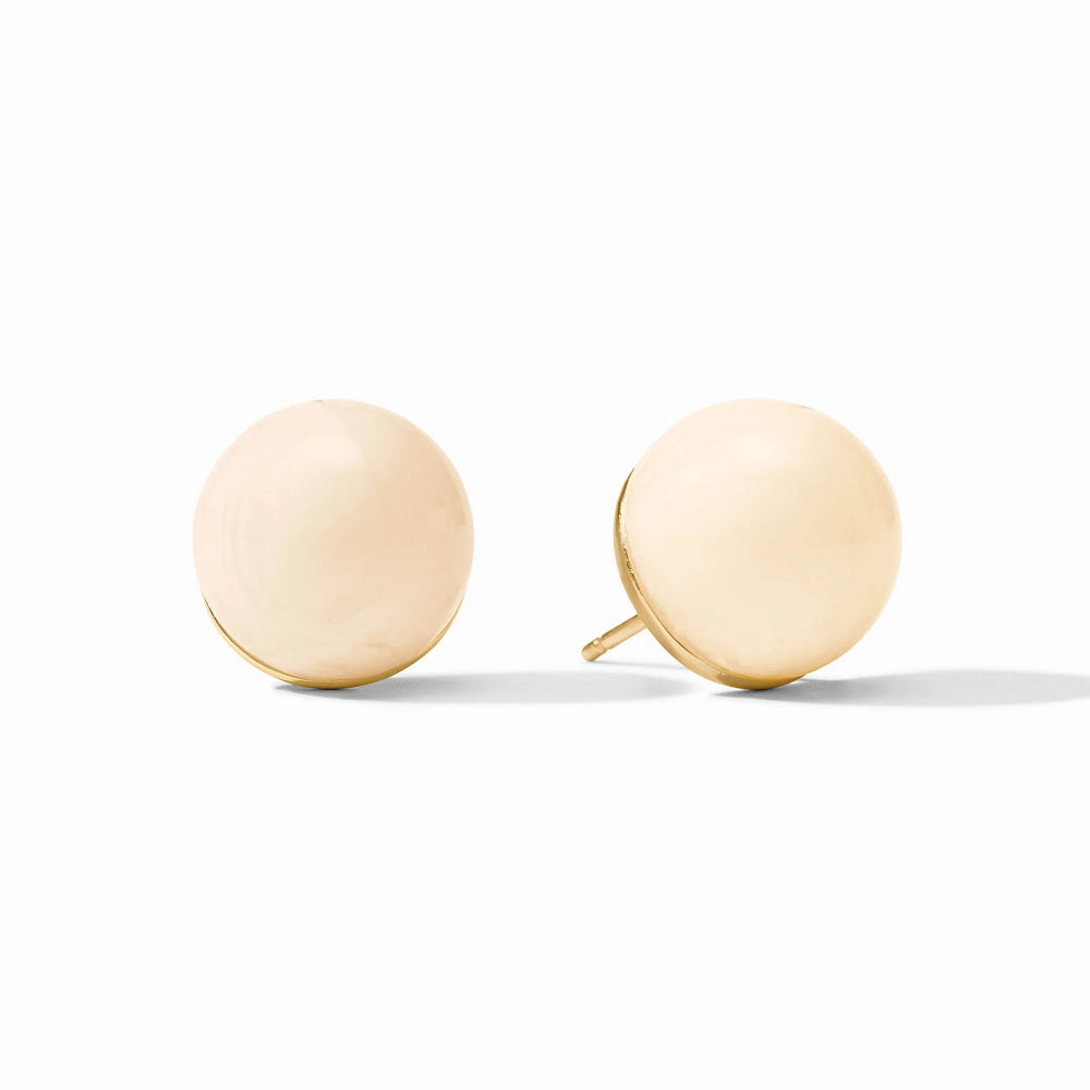 A pair of gold stud earrings with smooth, spherical pearl-like fronts, shown on a clean white background.