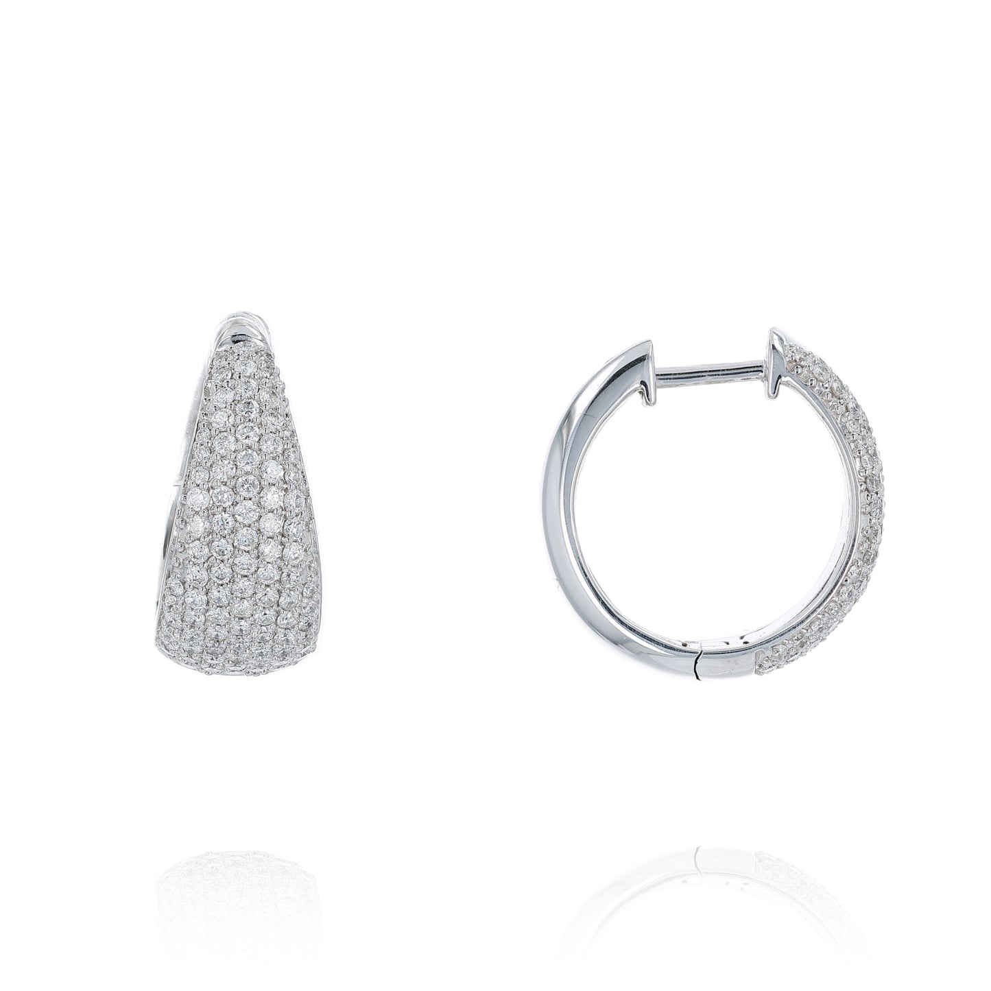 Pair of white gold diamond pave hoop earrings on a white background