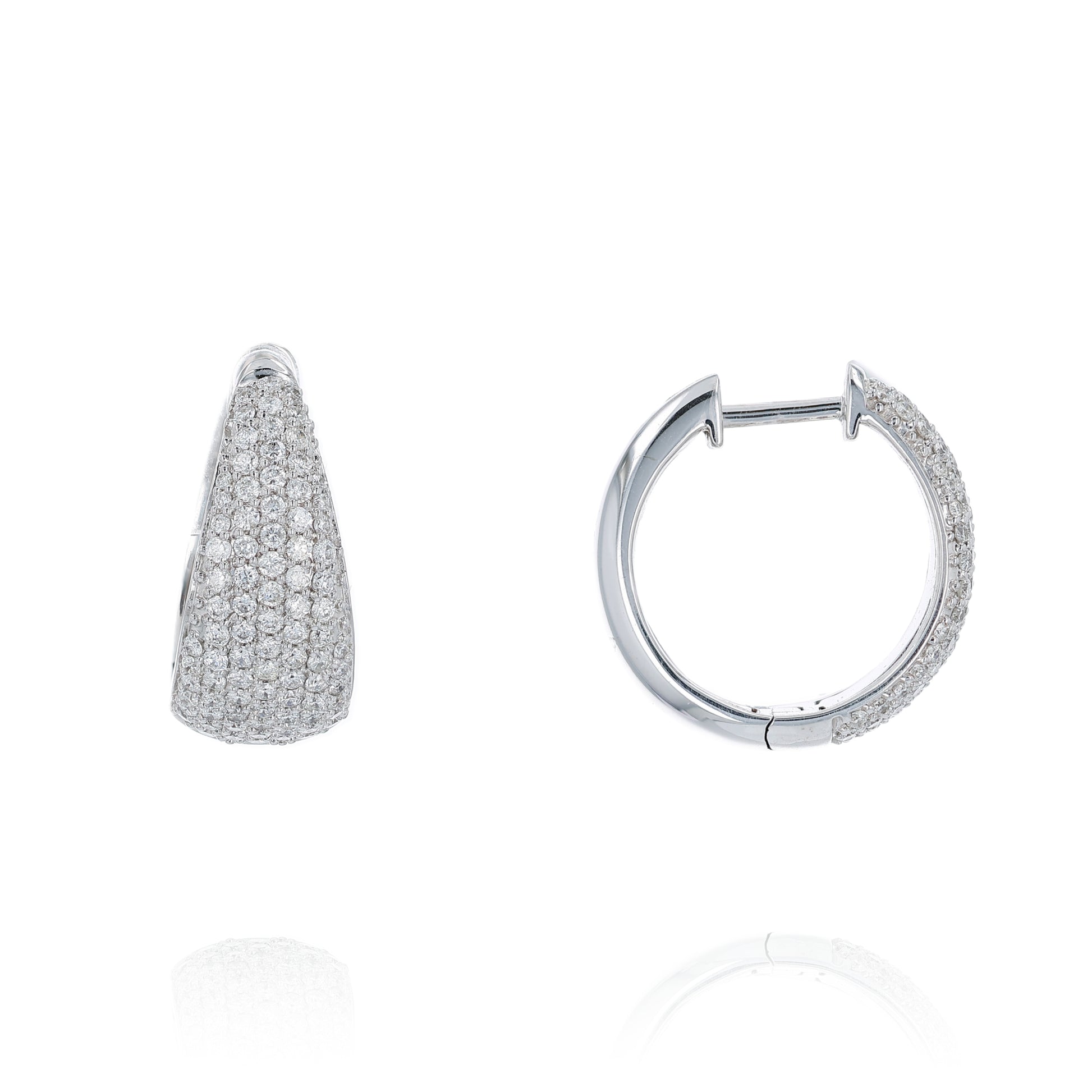 Pair of white gold diamond pave hoop earrings on a white background