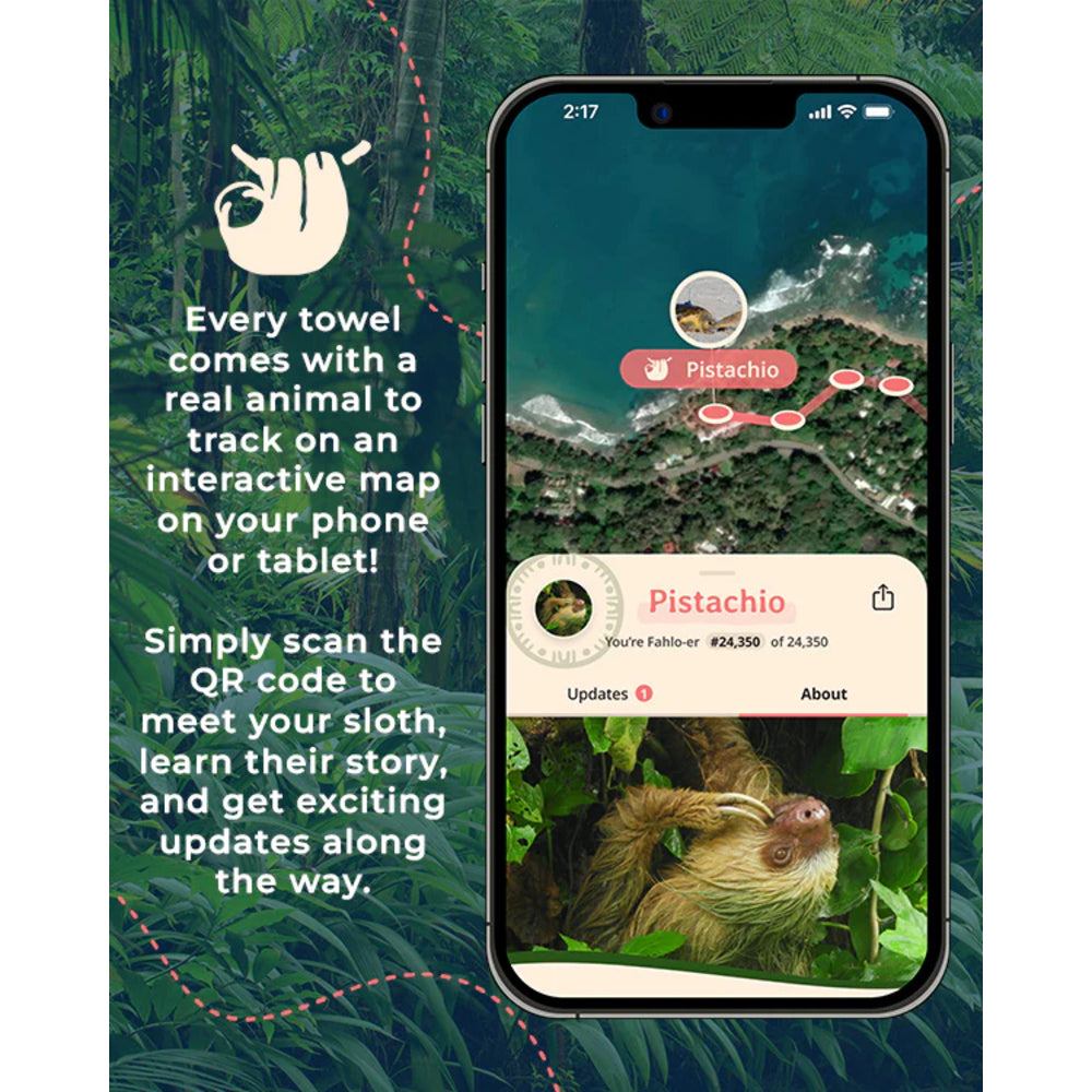 Phone displaying an app with a sloth and text about towel QR codes and animal tracking.