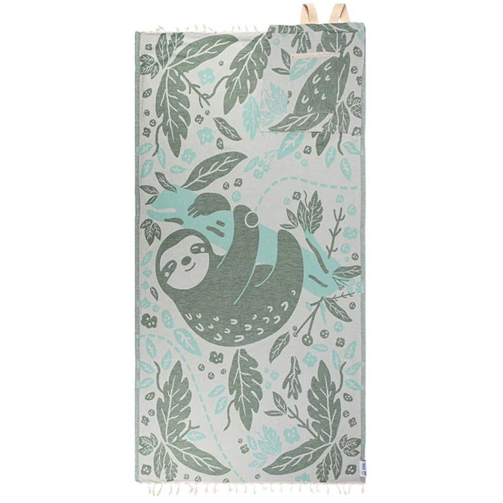 Green beach towel with sloth design and leaf pattern on a white background.